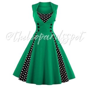VINTAGE STYLE Pleated Button Double Lapel Polka Dot Rockabilly Pinup Swing Dress